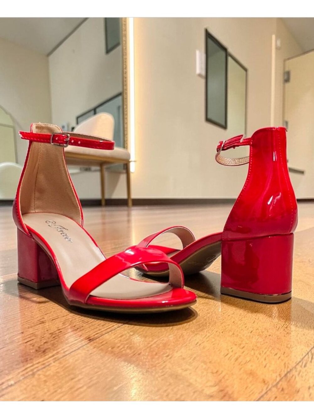 Red Patent Block Heel Sandals With Ankle Strap - Womens Dress Shoes